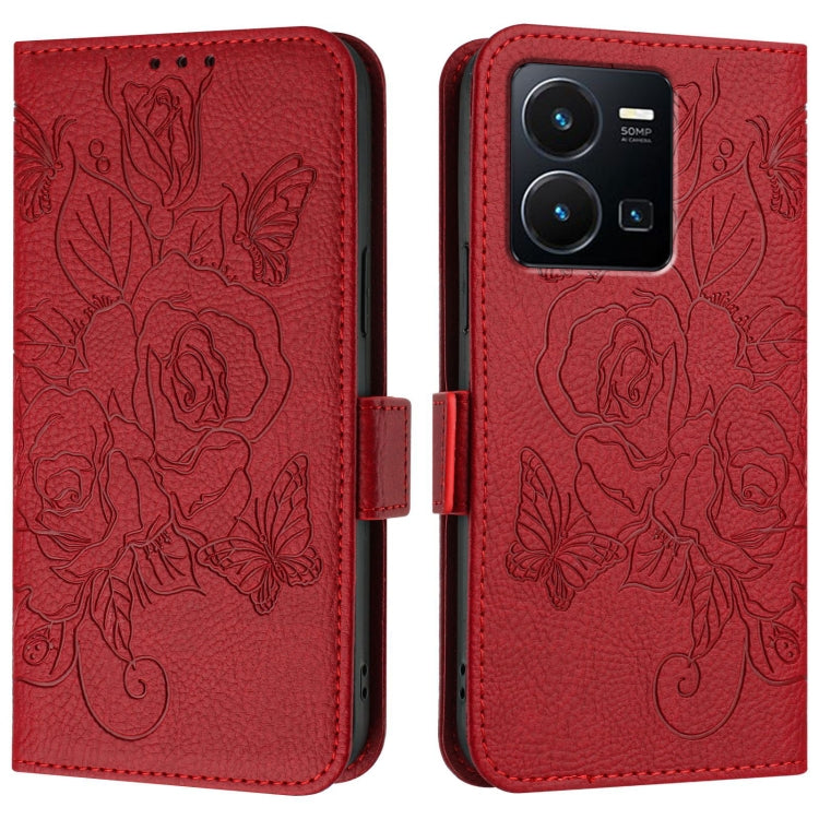 For vivo Y35 4G / Y22 4G / Y22s 4G Global Embossed Rose RFID Anti-theft Leather Phone Case