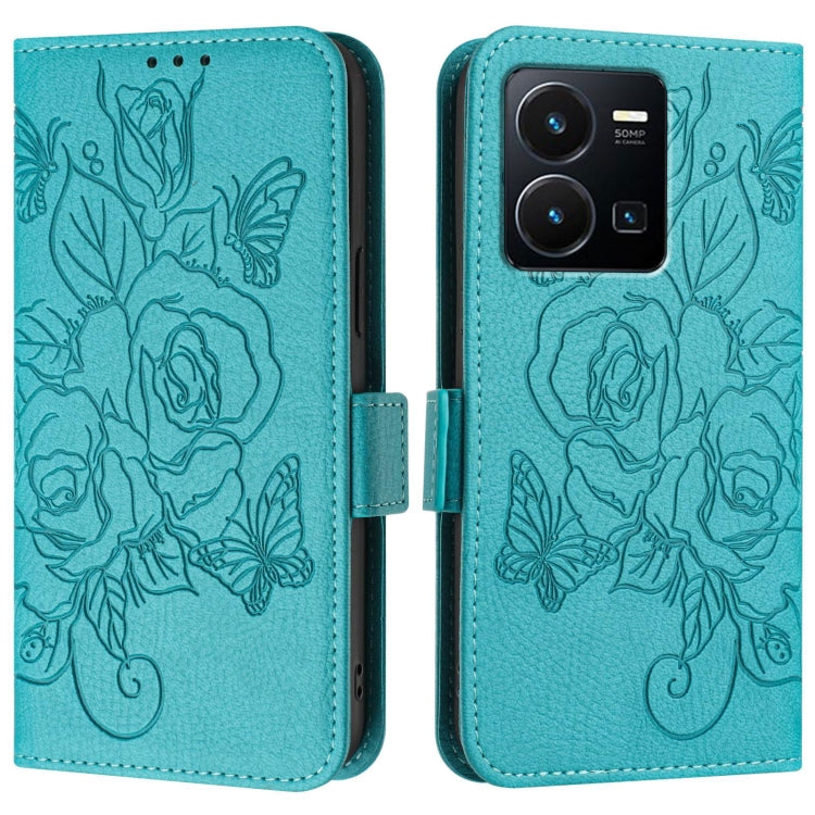 For vivo Y35 4G / Y22 4G / Y22s 4G Global Embossed Rose RFID Anti-theft Leather Phone Case