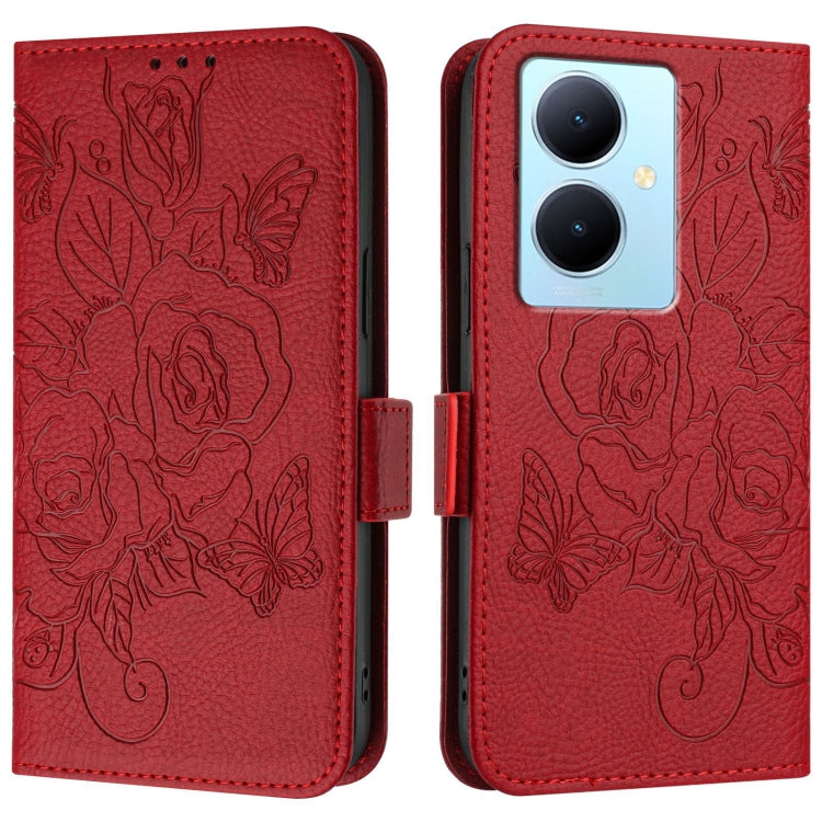 For vivo Y78+ 5G / Y78 Global / V29 Lite Embossed Rose RFID Anti-theft Leather Phone Case