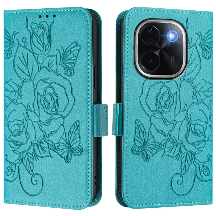 For vivo iQOO Z9s Pro 5G / T3 Pro 5G India Embossed Rose RFID Anti-theft Leather Phone Case