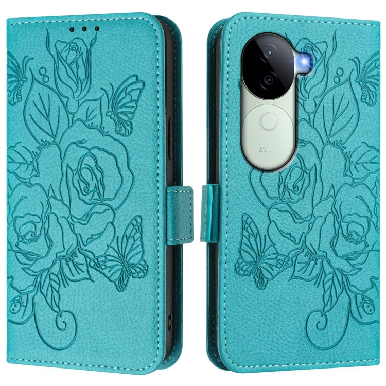 For vivo iQOO Z9s 5G / V40e 5G India Embossed Rose RFID Anti-theft Leather Phone Case