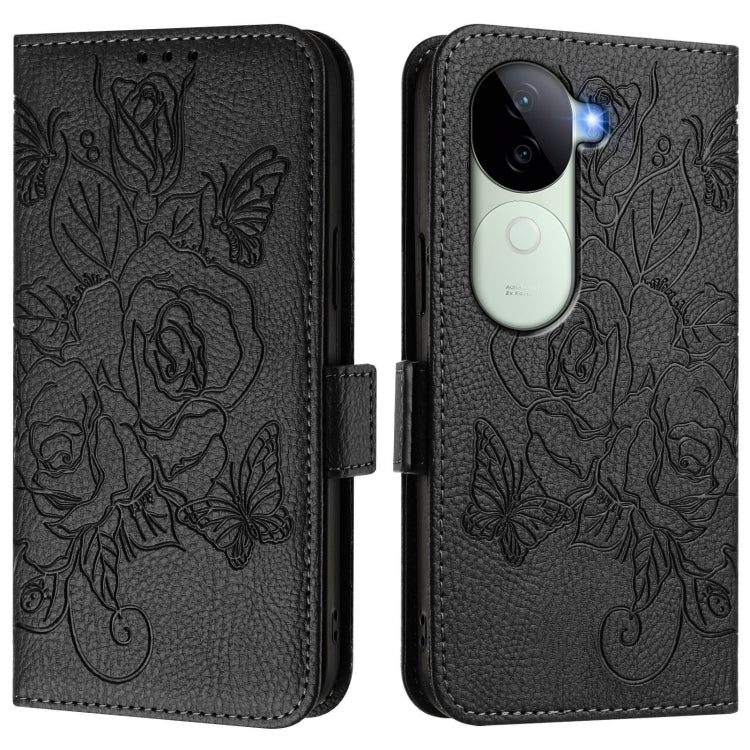 For vivo iQOO Z9s 5G / V40e 5G India Embossed Rose RFID Anti-theft Leather Phone Case