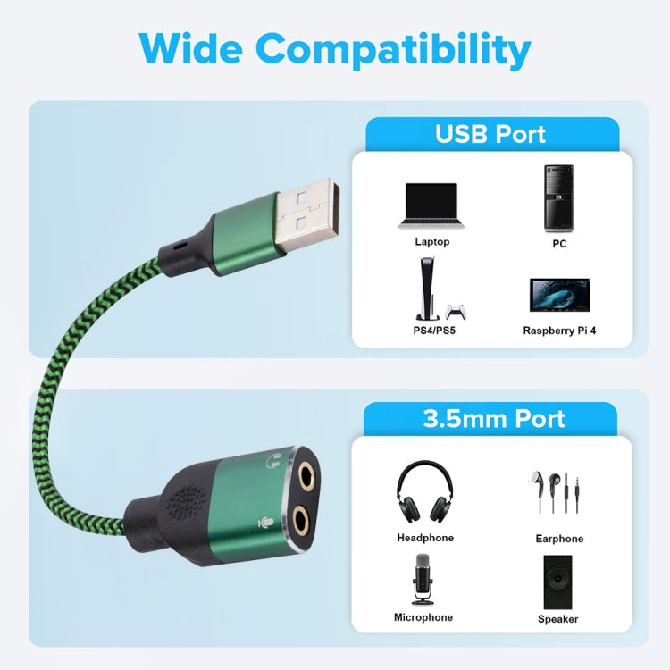 USB-A to Dual 3.5mm Integrated Style Audio Adapter Cable, Length:1m - Green