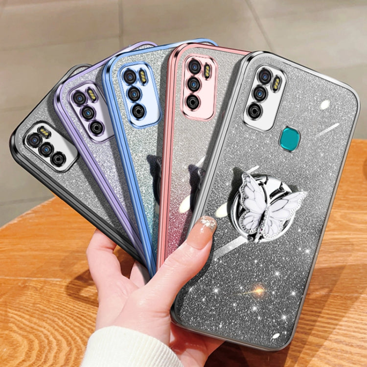 For Infinix Hot 9 Play Plated Gradient Glitter Butterfly Holder TPU Phone Case