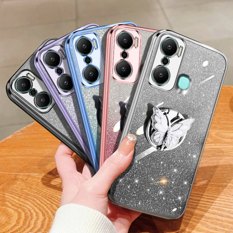 For Infinix Hot 20 Play Plated Gradient Glitter Butterfly Holder TPU Phone Case