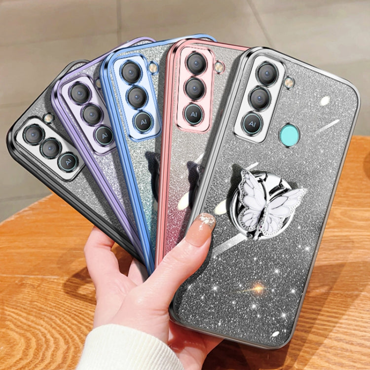 For Tecno Pop 5 LTE Plated Gradient Glitter Butterfly Holder TPU Phone Case