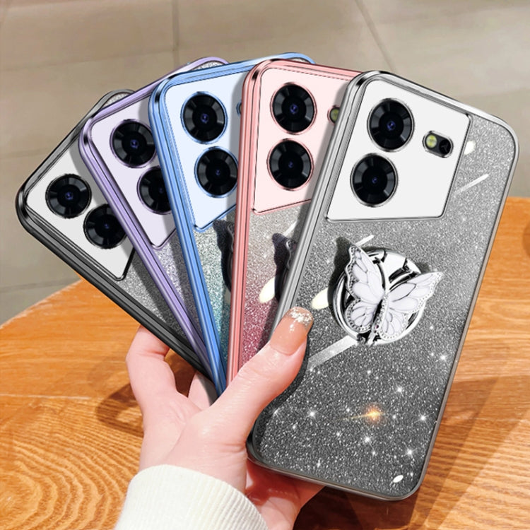 For Tecno Pop 5 Pro Plated Gradient Glitter Butterfly Holder TPU Phone Case