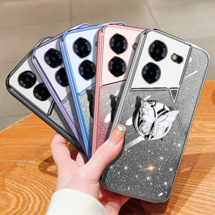 For Tecno Pova 6 Pro Plated Gradient Glitter Butterfly Holder TPU Phone Case
