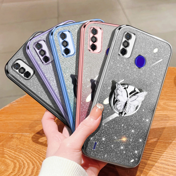 For Tecno Spark Go 2020 Plated Gradient Glitter Butterfly Holder TPU Phone Case