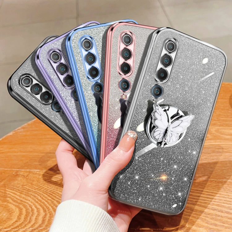 For Xiaomi Mi 10 Plated Gradient Glitter Butterfly Holder TPU Phone Case