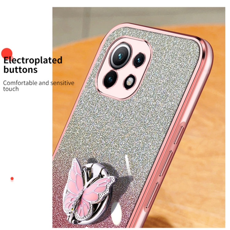 For Xiaomi Mi 11 Plated Gradient Glitter Butterfly Holder TPU Phone Case