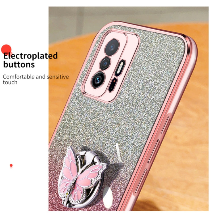 For Xiaomi Mi 11T Plated Gradient Glitter Butterfly Holder TPU Phone Case