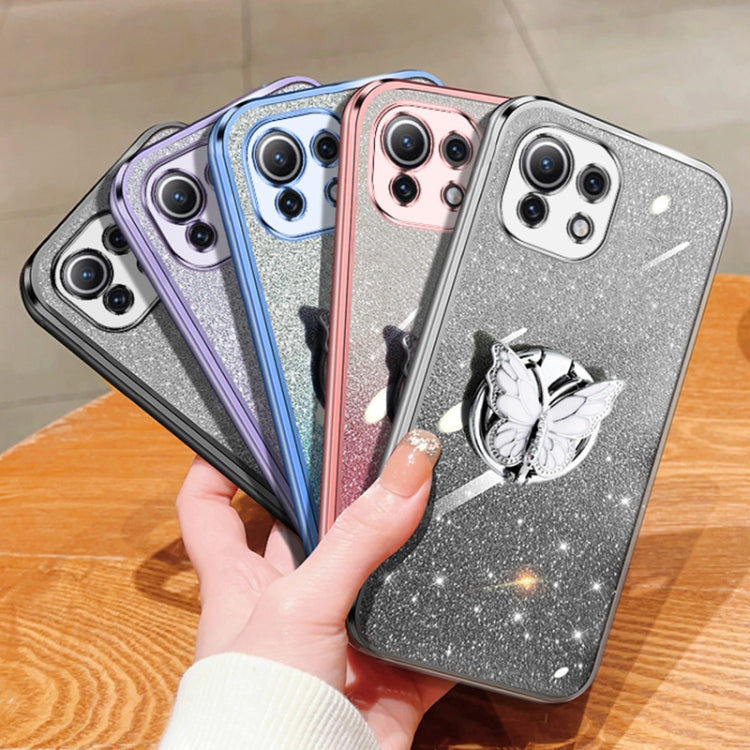 For Xiaomi Mi 11 Lite Plated Gradient Glitter Butterfly Holder TPU Phone Case