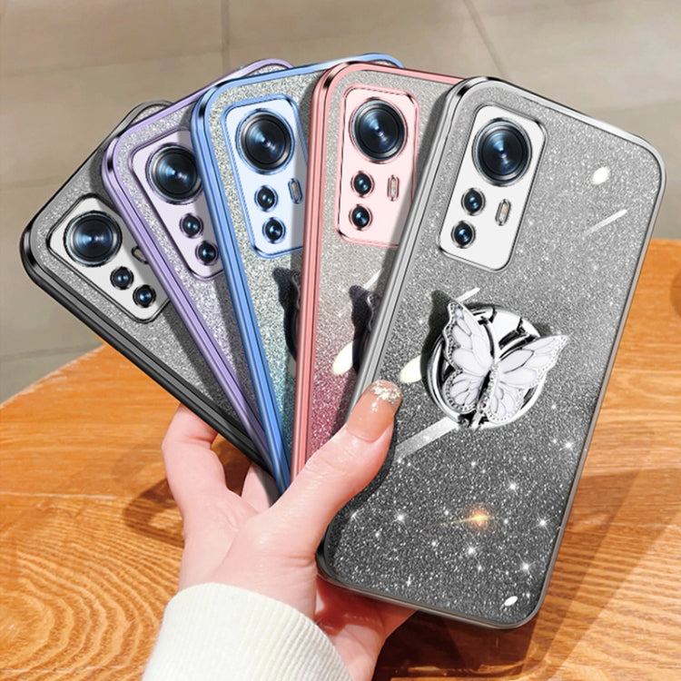For Xiaomi 12 Plated Gradient Glitter Butterfly Holder TPU Phone Case