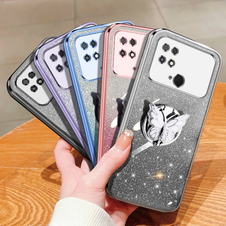 For Xiaomi Poco C40 Plated Gradient Glitter Butterfly Holder TPU Phone Case