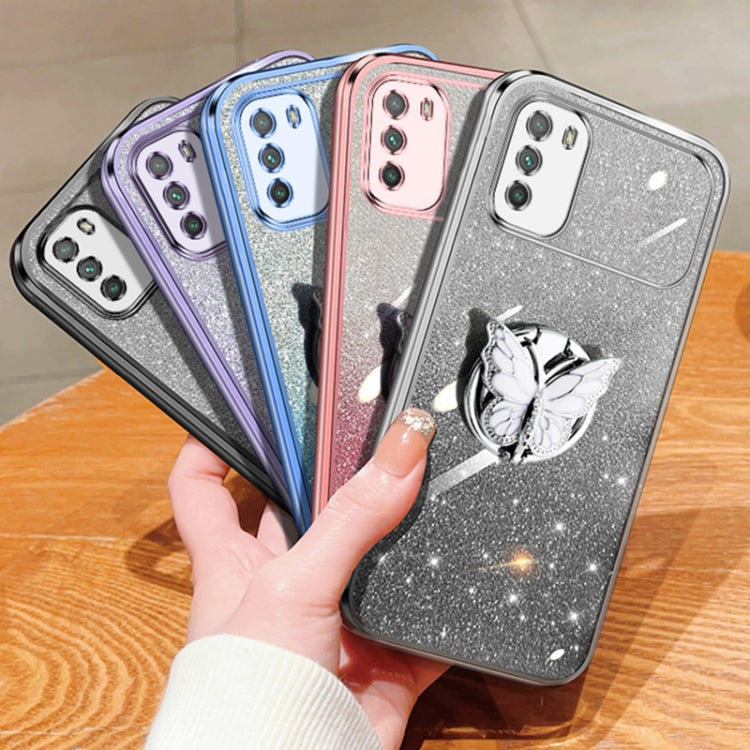 For Xiaomi Poco M3 Plated Gradient Glitter Butterfly Holder TPU Phone Case