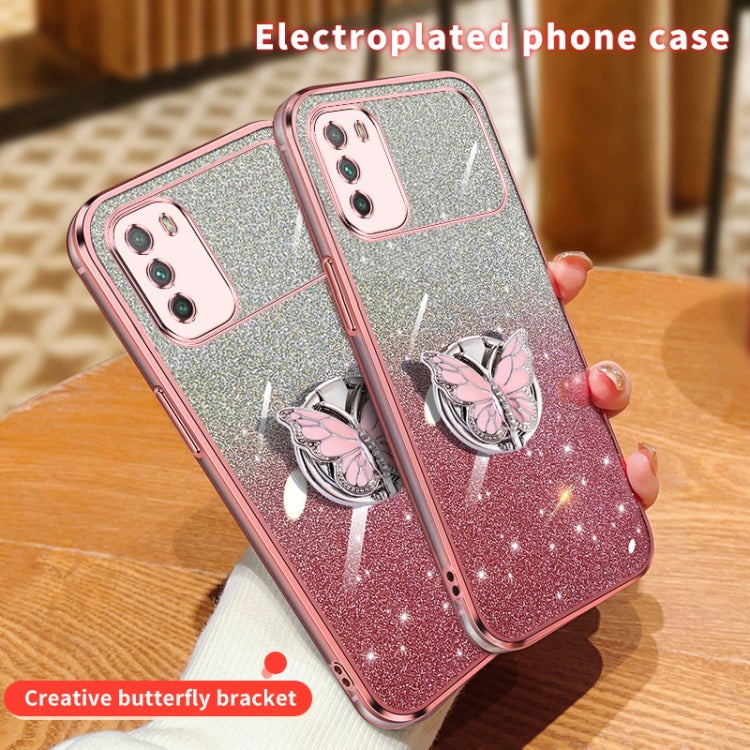 For Xiaomi Poco M3 Plated Gradient Glitter Butterfly Holder TPU Phone Case
