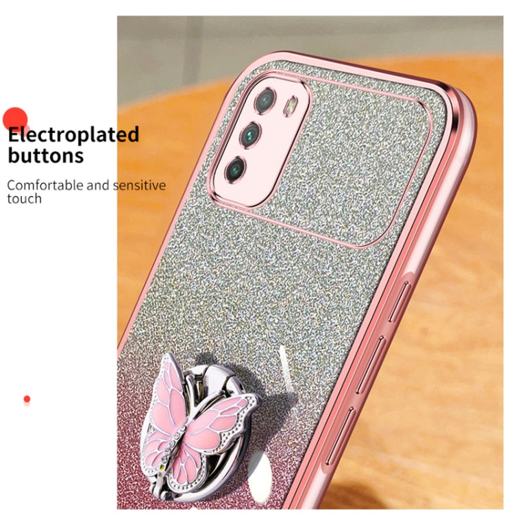 For Xiaomi Poco M3 Plated Gradient Glitter Butterfly Holder TPU Phone Case