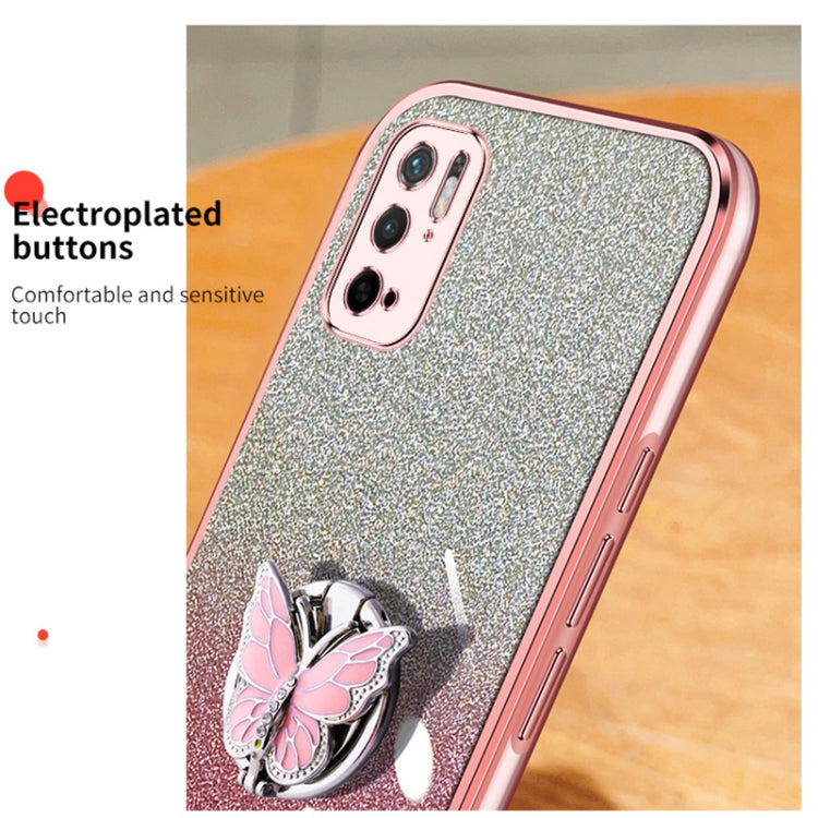 For Xiaomi Poco M3 Pro 5G Plated Gradient Glitter Butterfly Holder TPU Phone Case