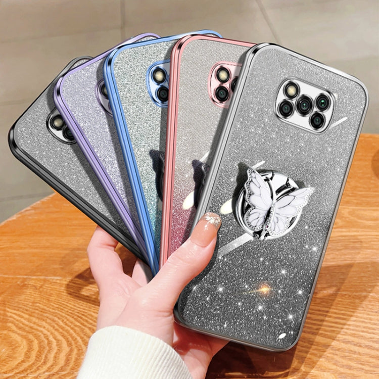For Xiaomi Poco X3 Plated Gradient Glitter Butterfly Holder TPU Phone Case