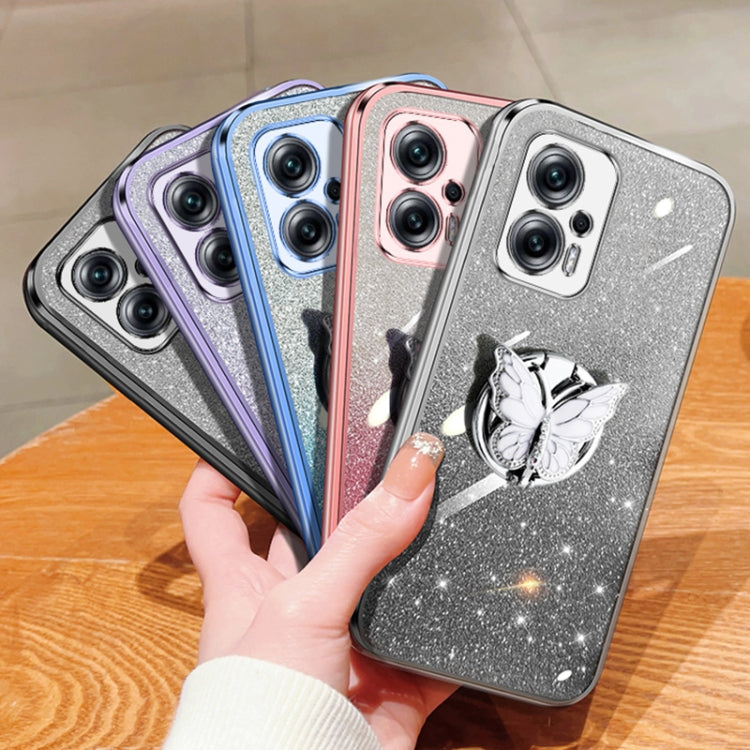 For Redmi Note 11T Pro Plated Gradient Glitter Butterfly Holder TPU Phone Case