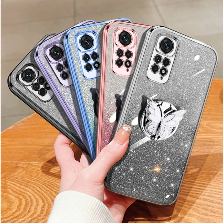 For Redmi Note 11S Plated Gradient Glitter Butterfly Holder TPU Phone Case