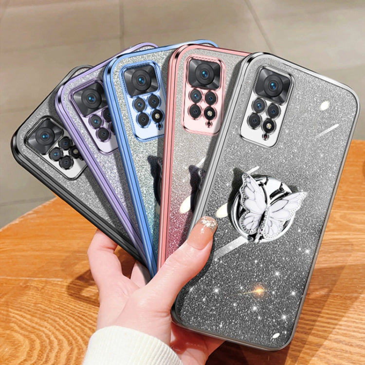For Redmi Note 11 Pro 4G Plated Gradient Glitter Butterfly Holder TPU Phone Case
