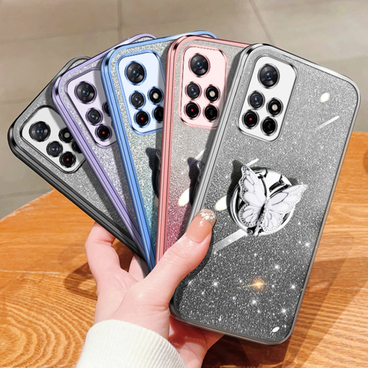 For Redmi Note 11 5G Plated Gradient Glitter Butterfly Holder TPU Phone Case