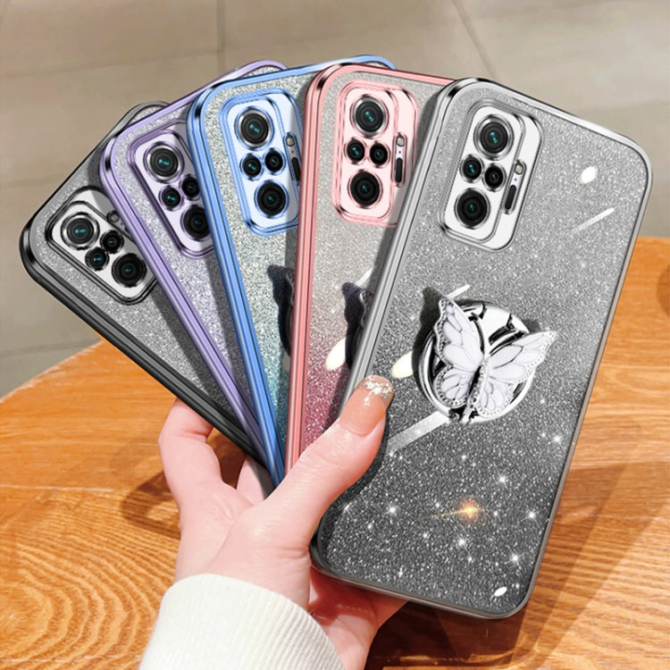 For Redmi Note 10 Pro 4G Plated Gradient Glitter Butterfly Holder TPU Phone Case
