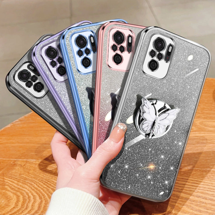 For Redmi Note 10 4G Plated Gradient Glitter Butterfly Holder TPU Phone Case