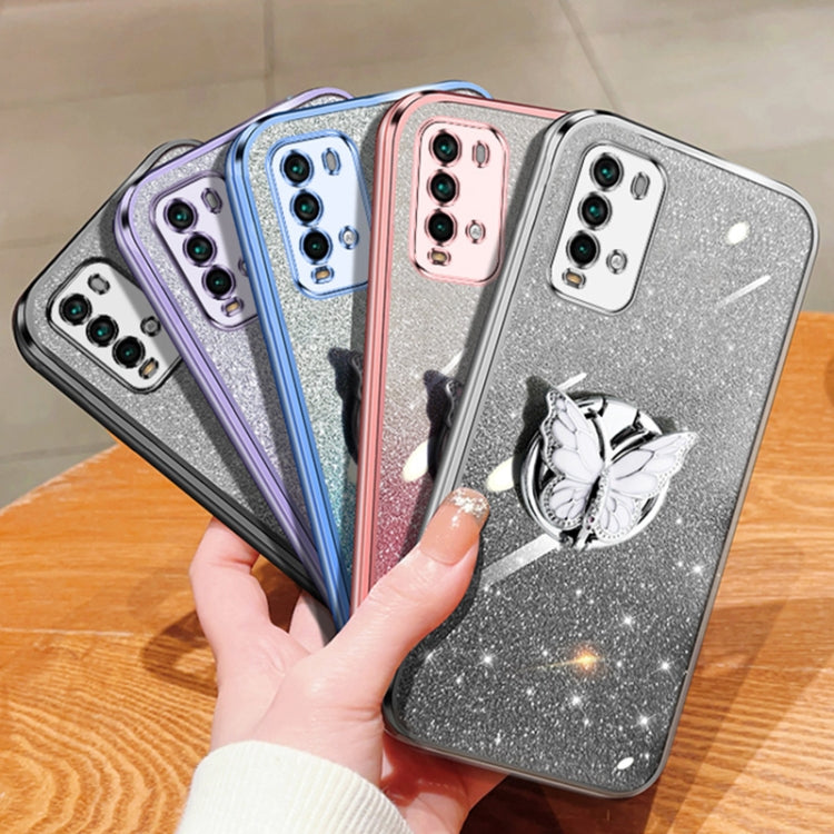 For Redmi Note 9 4G Plated Gradient Glitter Butterfly Holder TPU Phone Case