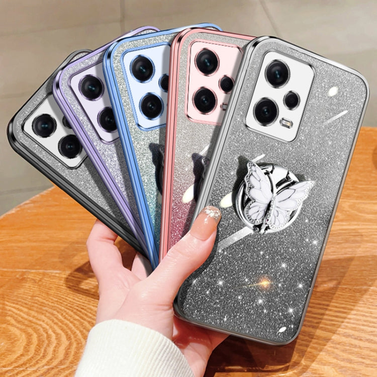 For Redmi Note 12 Pro+ Global Plated Gradient Glitter Butterfly Holder TPU Phone Case
