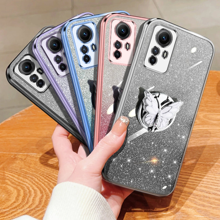 For Redmi Note 12S Plated Gradient Glitter Butterfly Holder TPU Phone Case