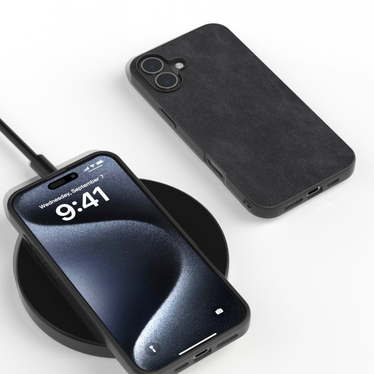 For iPhone 16 Black Frame PU Leather Full Coverage Phone Case