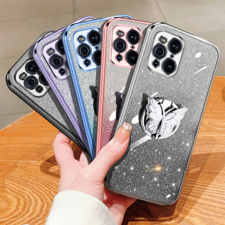 For OPPO Find X3 Plated Gradient Glitter Butterfly Holder TPU Phone Case