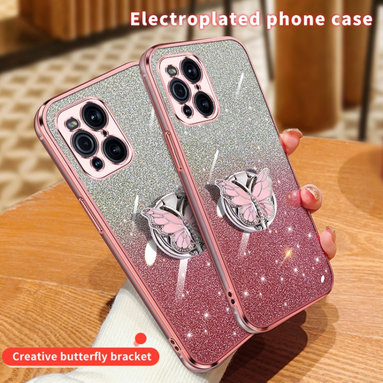 For OPPO Find X3 Plated Gradient Glitter Butterfly Holder TPU Phone Case