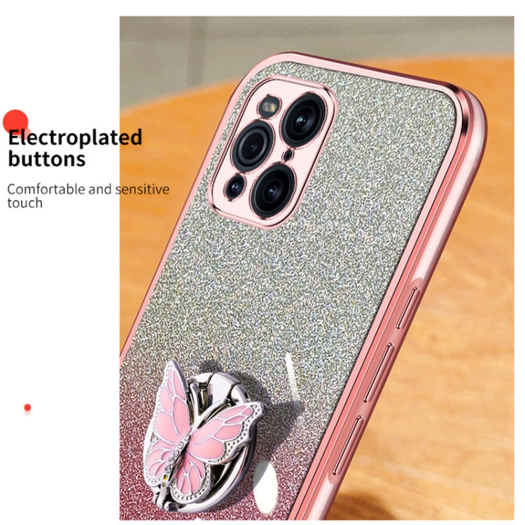 For OPPO Find X3 Plated Gradient Glitter Butterfly Holder TPU Phone Case