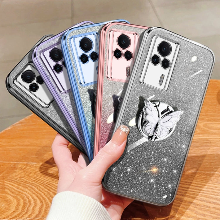 For Redmi K60E Plated Gradient Glitter Butterfly Holder TPU Phone Case