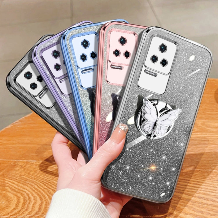 For Redmi K50 / K50 Pro Plated Gradient Glitter Butterfly Holder TPU Phone Case