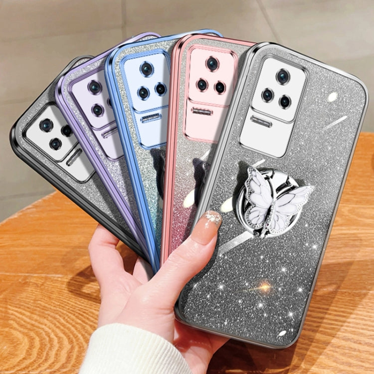 For Redmi K40S Plated Gradient Glitter Butterfly Holder TPU Phone Case