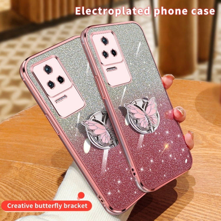 For Redmi K40S Plated Gradient Glitter Butterfly Holder TPU Phone Case