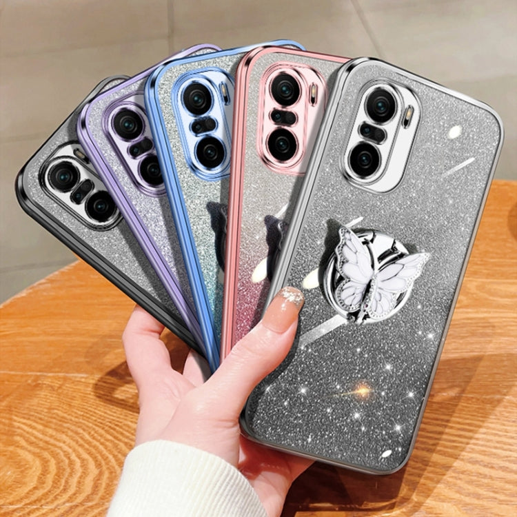For Redmi K40 Plated Gradient Glitter Butterfly Holder TPU Phone Case