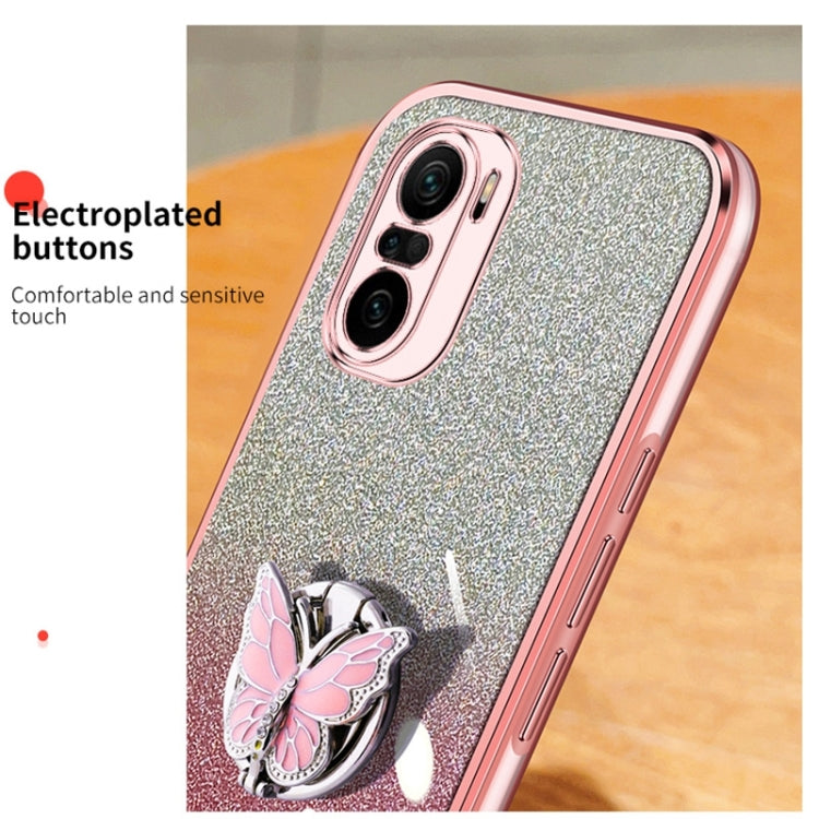 For Redmi K40 Plated Gradient Glitter Butterfly Holder TPU Phone Case