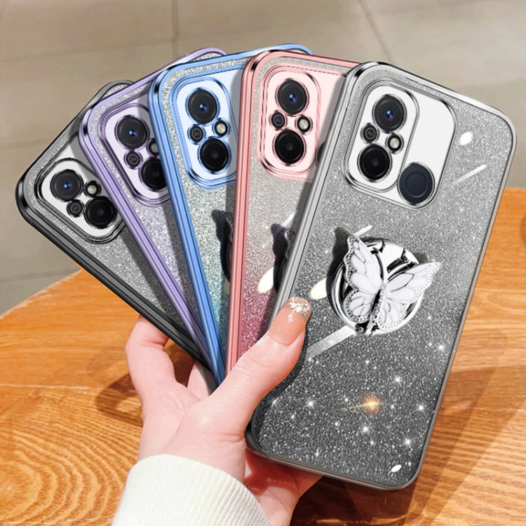 For Redmi 12C Plated Gradient Glitter Butterfly Holder TPU Phone Case