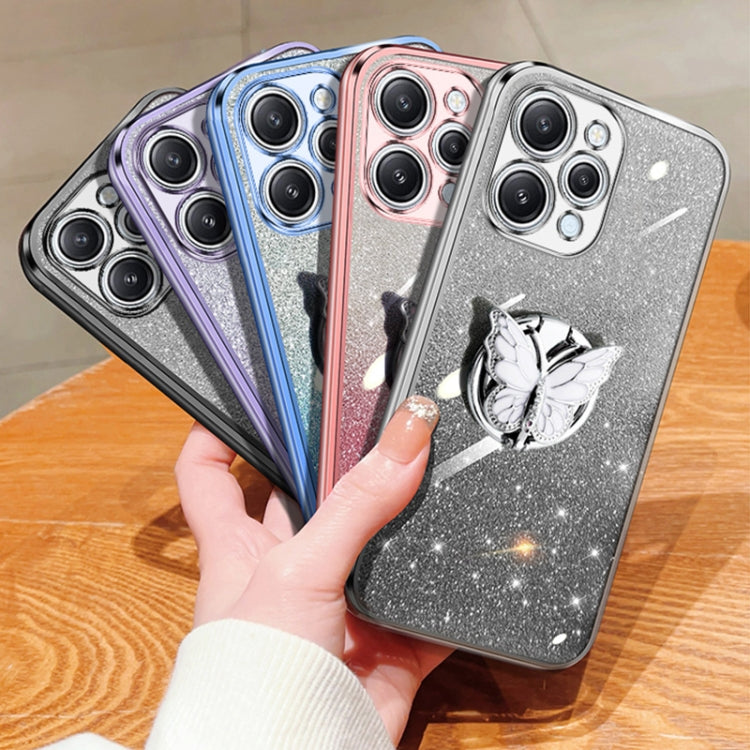 For Redmi 12 Plated Gradient Glitter Butterfly Holder TPU Phone Case