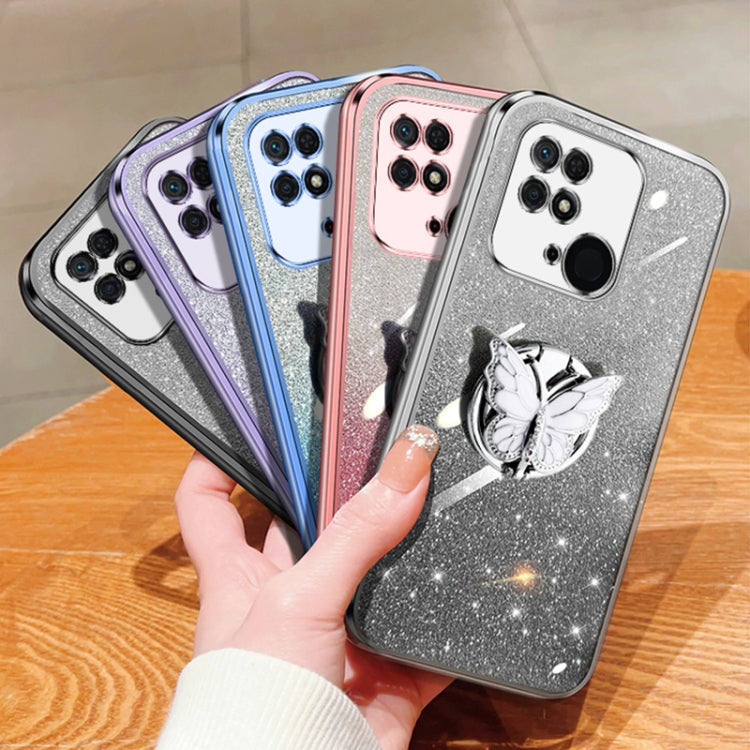 For Redmi 10C Plated Gradient Glitter Butterfly Holder TPU Phone Case