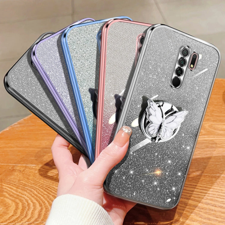 For Redmi 9 Plated Gradient Glitter Butterfly Holder TPU Phone Case