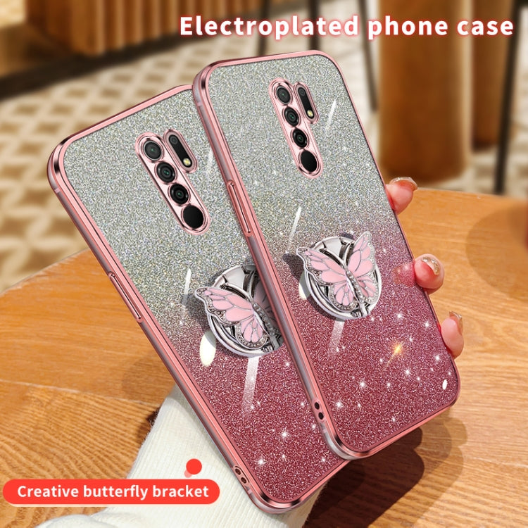 For Redmi 9 Plated Gradient Glitter Butterfly Holder TPU Phone Case