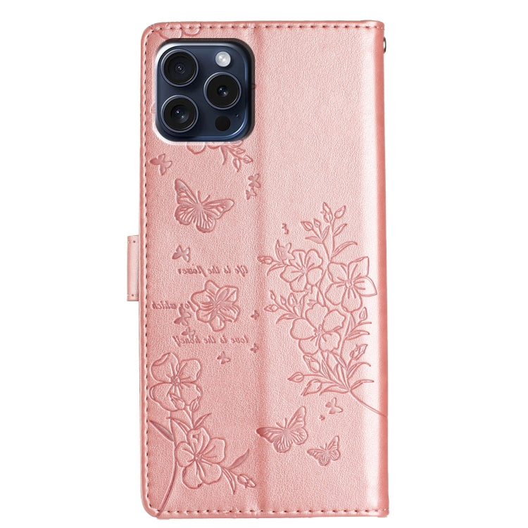 For iPhone 15 Pro Butterflies and Flowers Leather Phone Case