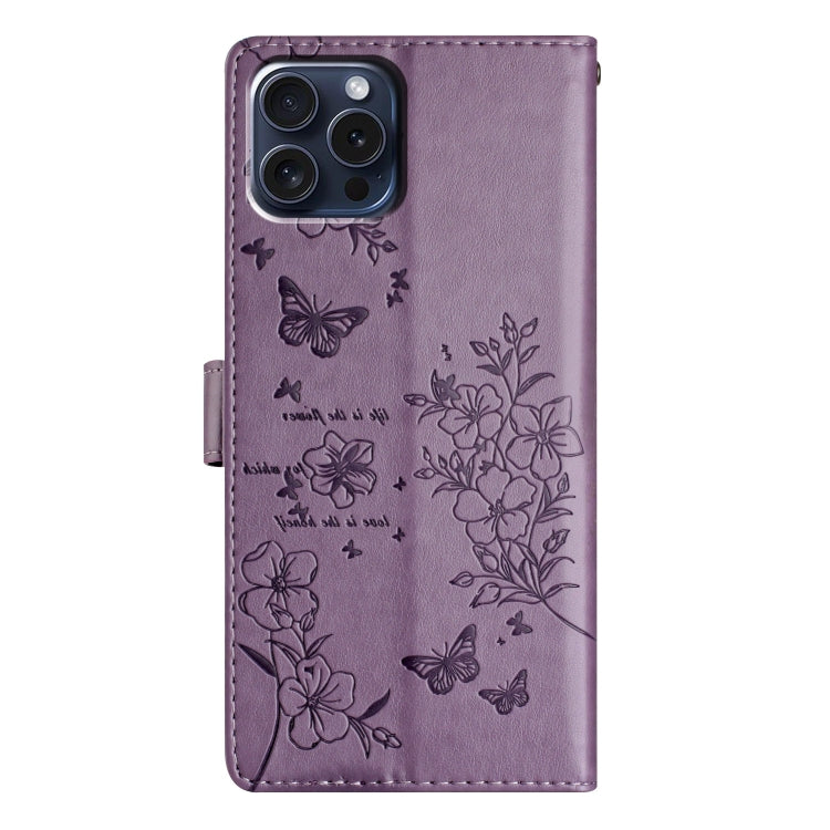 For iPhone 15 Pro Butterflies and Flowers Leather Phone Case